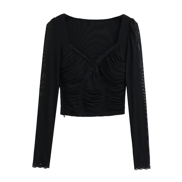 Ruched Crop Lace-Trim Slim Long-Sleeve Tee