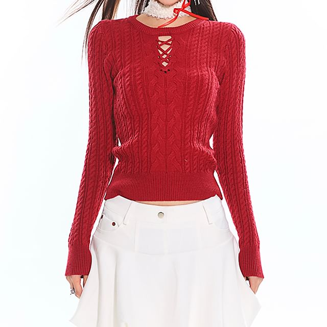Crew Neck Lace-Up Cable Knit Crop Sweater