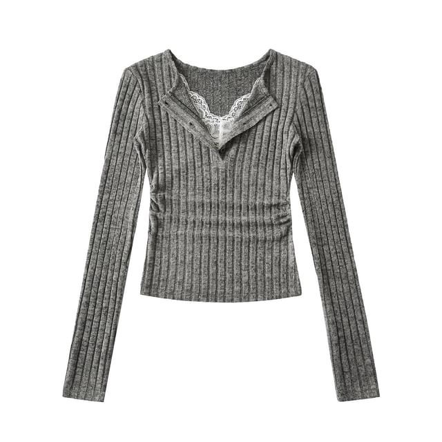 Split Neck Mock Two-Piece Ruched Lace Crop Tee