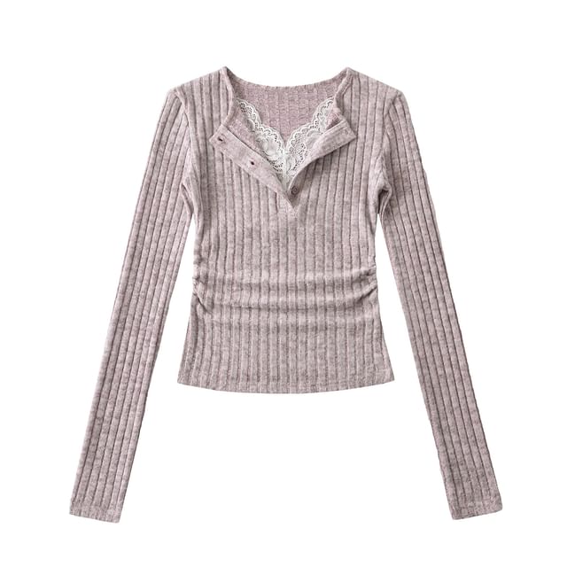 Split Neck Mock Two-Piece Ruched Lace Crop Tee