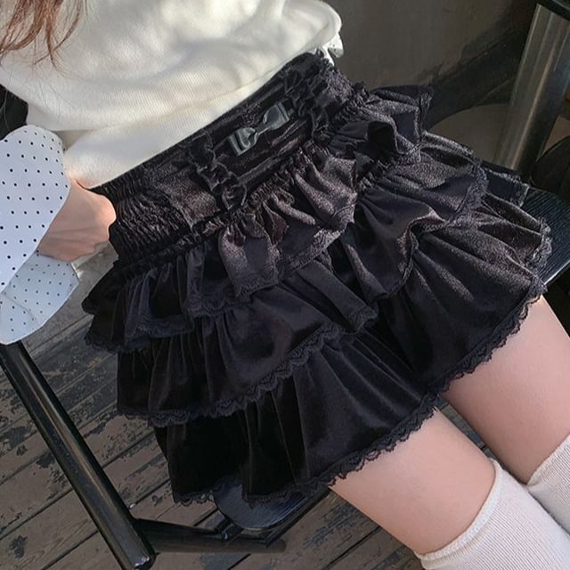 A-Line Ruffle Plain Rise High Skirt Mini Tiered