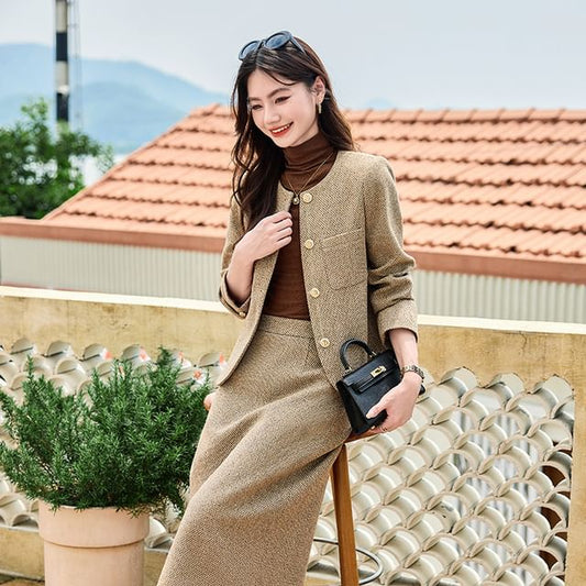 Set: Tweed Button-Up Jacket + High Rise Midi A-Line Skirt