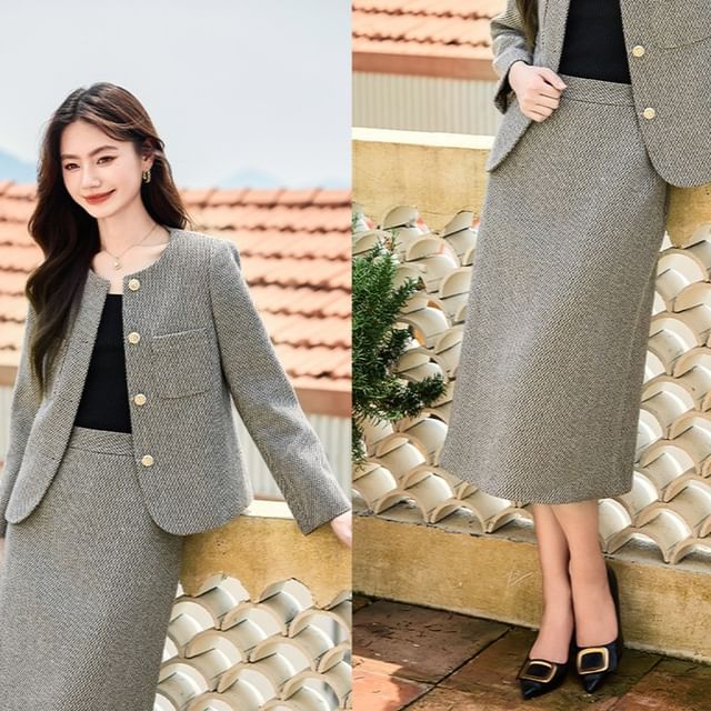 Set: Tweed Button-Up Jacket + High Rise Midi A-Line Skirt