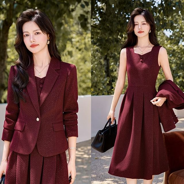 Set: Sleeveless Tweed Midi A-Line Dress + One Buttoned Blazer