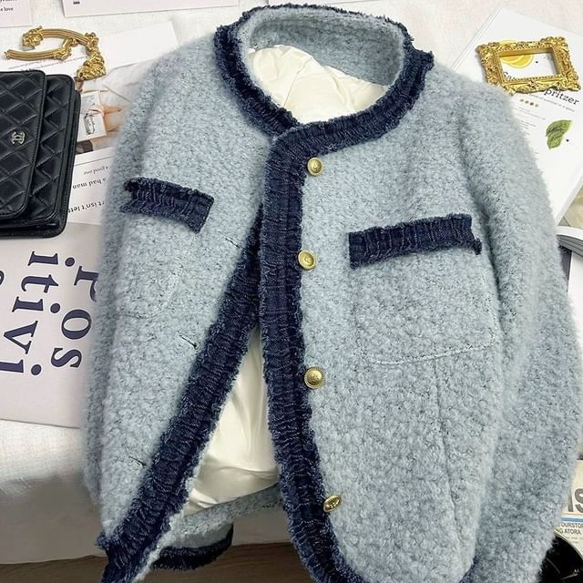 Button Panel Round Boucle Jacket Neck Denim
