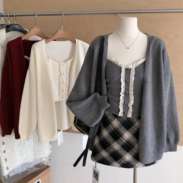 Lace-Trim Knit Camisole & Open-Front Cardigan Set