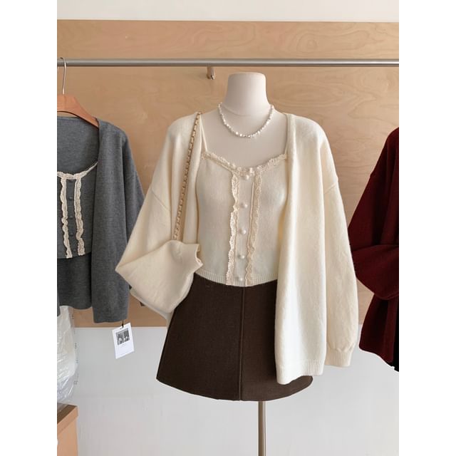 Lace-Trim Knit Camisole & Open-Front Cardigan Set