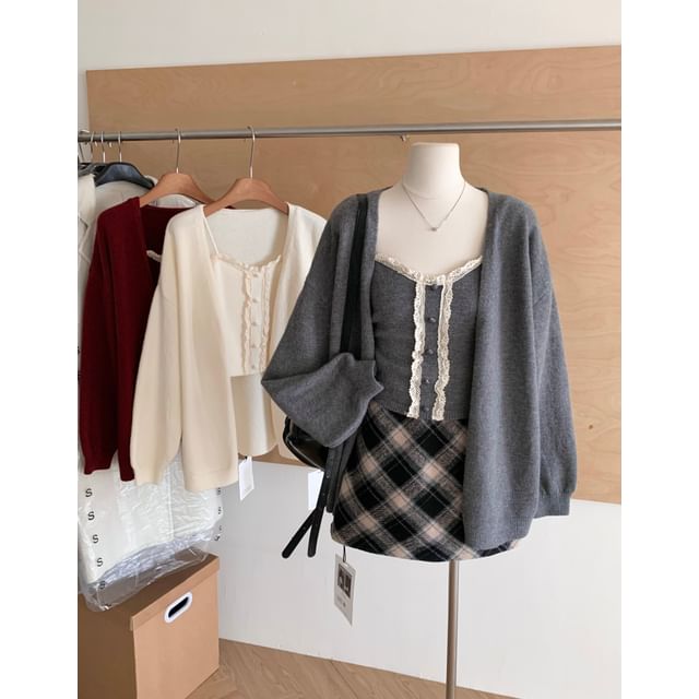 Lace-Trim Knit Camisole & Open-Front Cardigan Set
