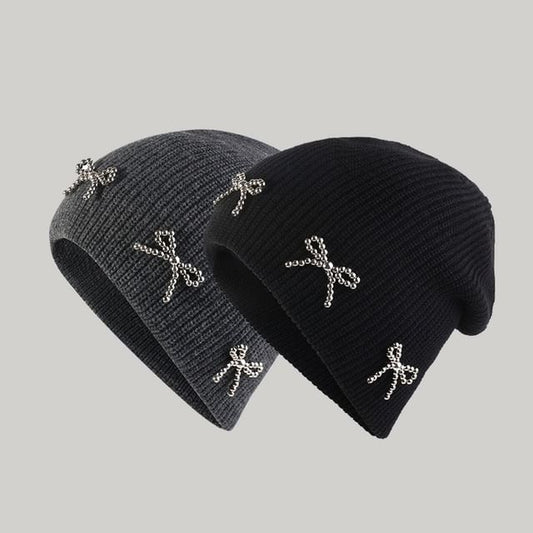 Bow Metallic Knit Beanie Studded