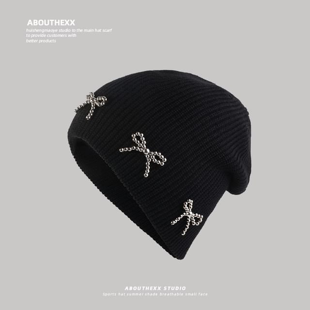 Bow Metallic Knit Beanie Studded