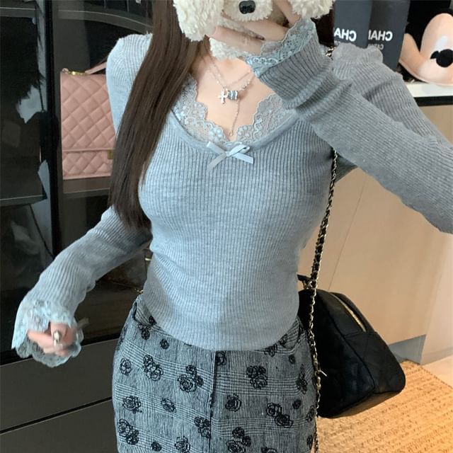 V-Neck Lace-Trim Long-Sleeve Blouse