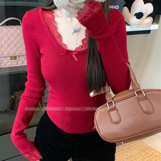 V-Neck Lace-Trim Long-Sleeve Blouse