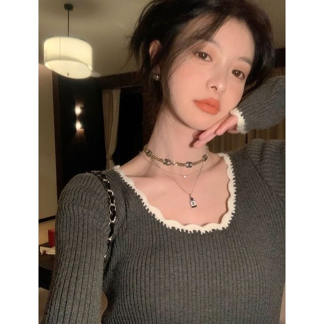 Square Neck Lace-Trim Crop Knit Top