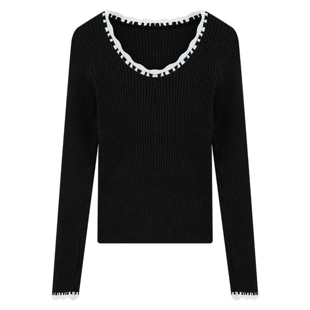 Square Neck Lace-Trim Crop Knit Top