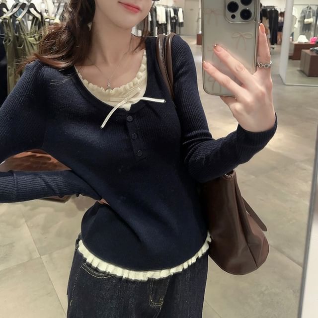 Mock Two-Piece Lace Knit Top
