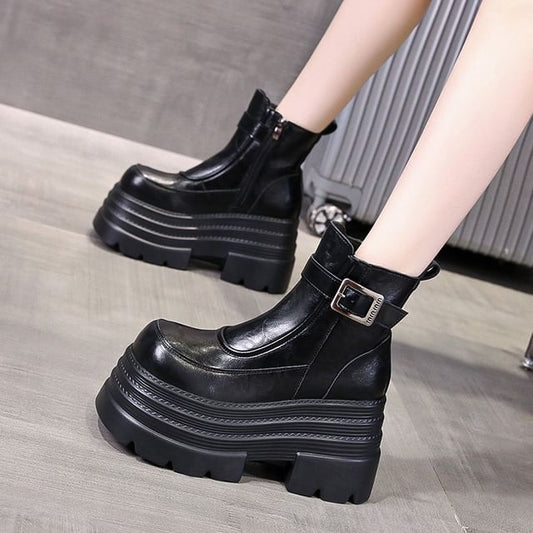 Short Genuine Platform Boots Buckled Plain Zip-Up Leather