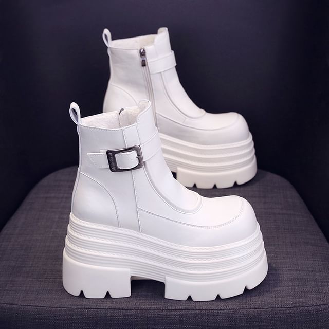 Short Genuine Platform Boots Buckled Plain Zip-Up Leather