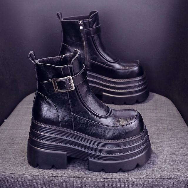 Short Genuine Platform Boots Buckled Plain Zip-Up Leather