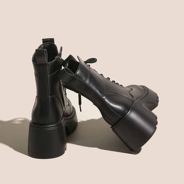 Short Boots Leather Platform Lace-Up Genuine Plain