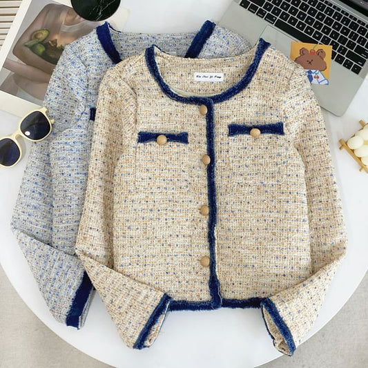 Round Neck Melange Contrast Trim Tweed Button Jacket