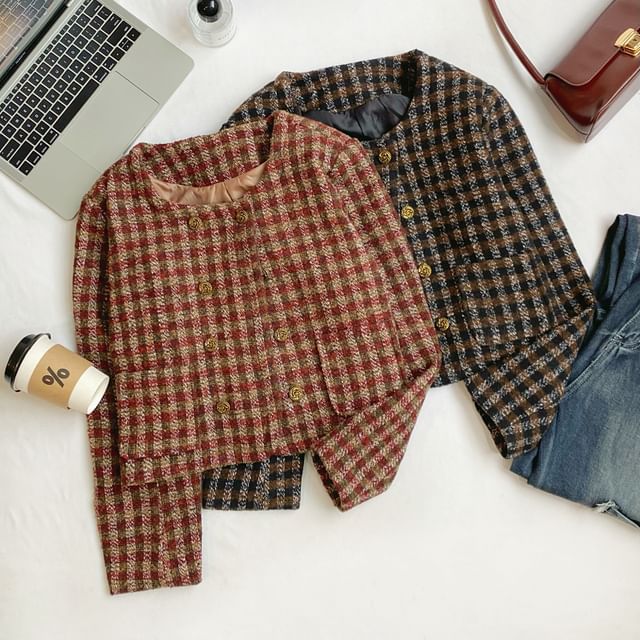 Round Neck Plaid Tweed Crop Button Jacket