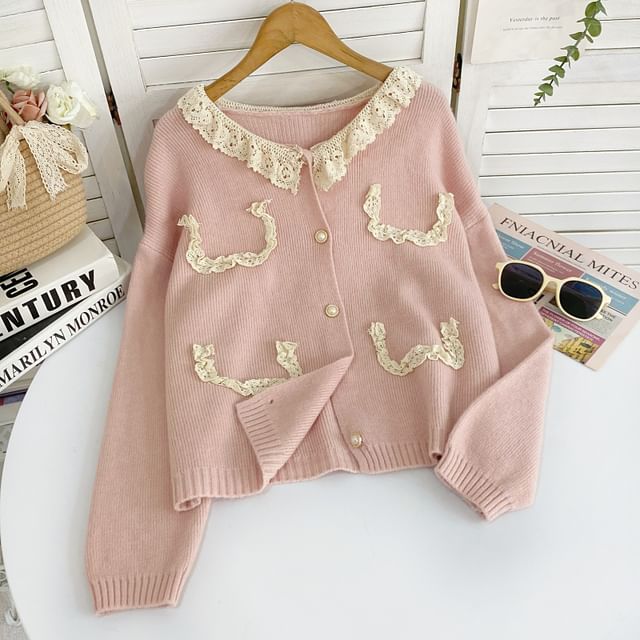 Faux Pearl Button Cardigan with Lace Collar