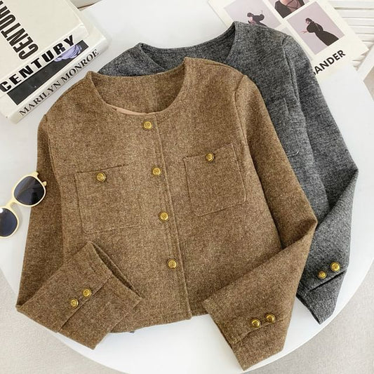 Round Neck Melange Tweed Button Jacket