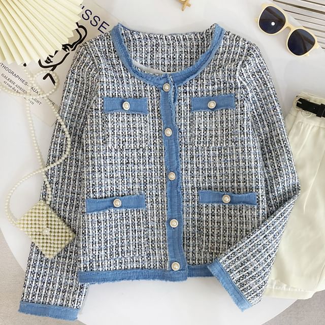 Round Neck Plaid Contrast Trim Tweed Button Jacket