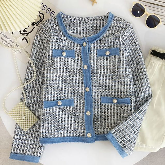 Round Neck Plaid Contrast Trim Tweed Button Jacket