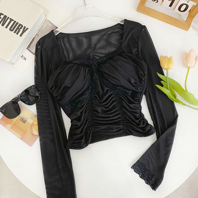 Mesh Crop Ruched Lace-Trim Slim Long-Sleeve Top