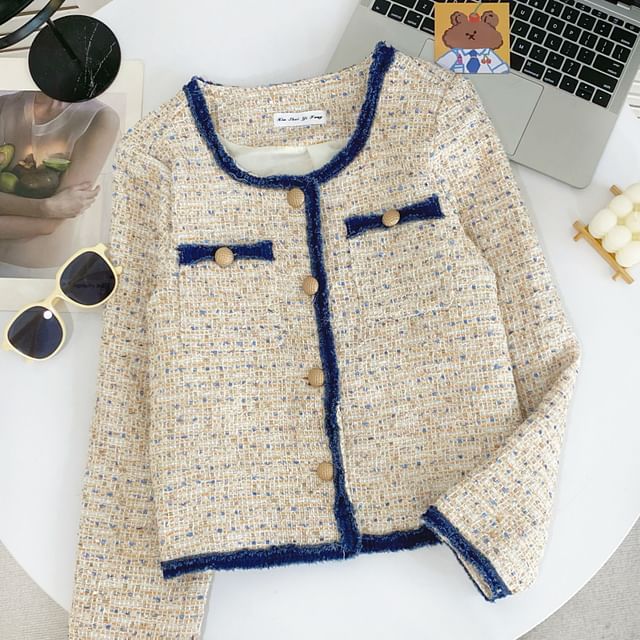Round Neck Melange Contrast Trim Tweed Button Jacket
