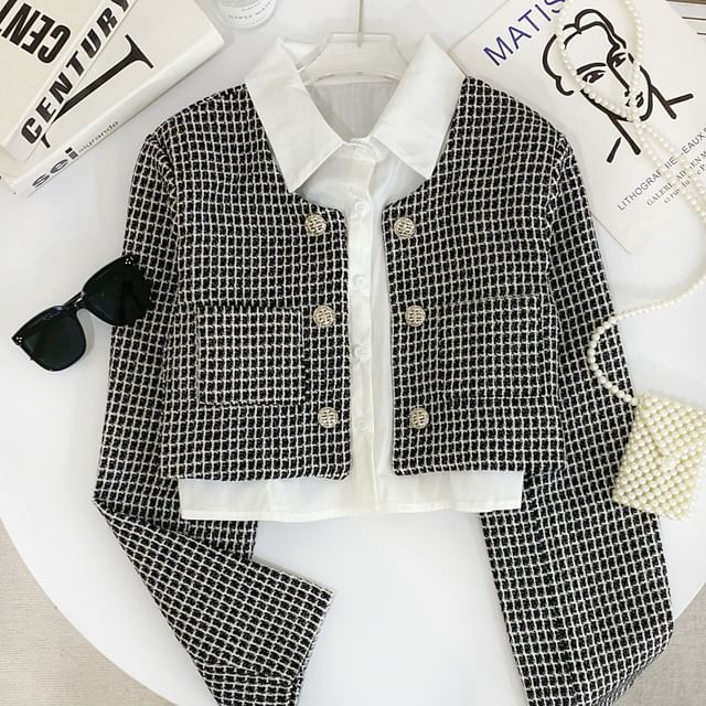 Set: Plaid Tweed Crop Button Jacket + Sleeveless Plain Shirt