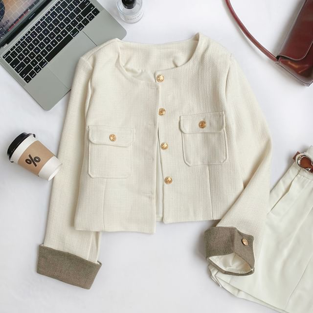 Round Neck Tweed Button Jacket