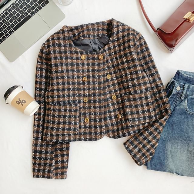 Round Neck Plaid Tweed Crop Button Jacket