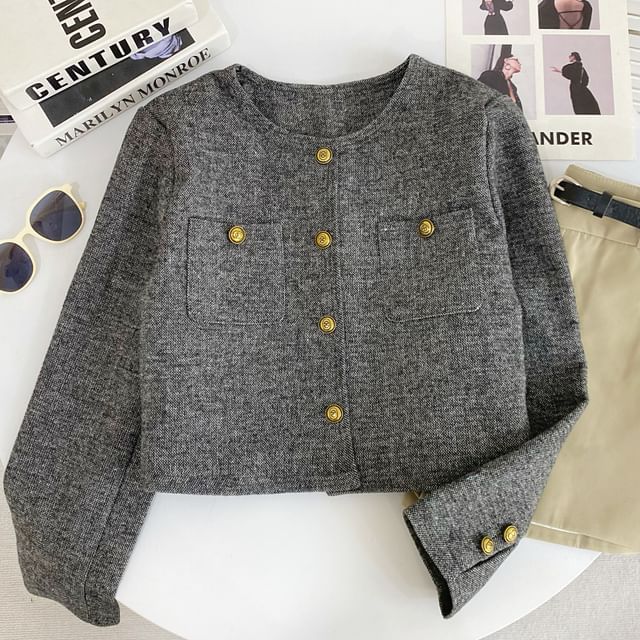 Round Neck Melange Tweed Button Jacket