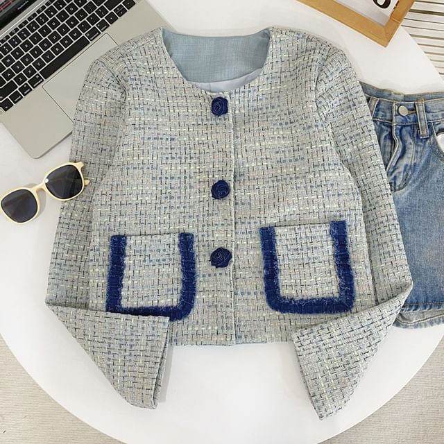 Round Neck Contrast Trim Tweed Rose Button Jacket