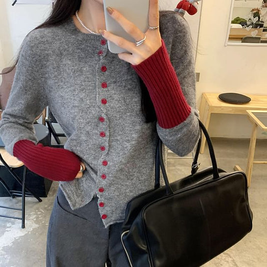 Asymmetric Two-Tone Button Front Cardigan