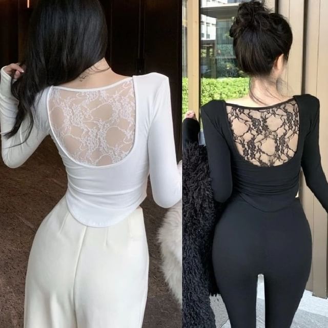 Lace Panel Crop Top Slim Fit