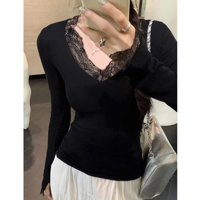 Lace-Trim V-Neck Slim Top