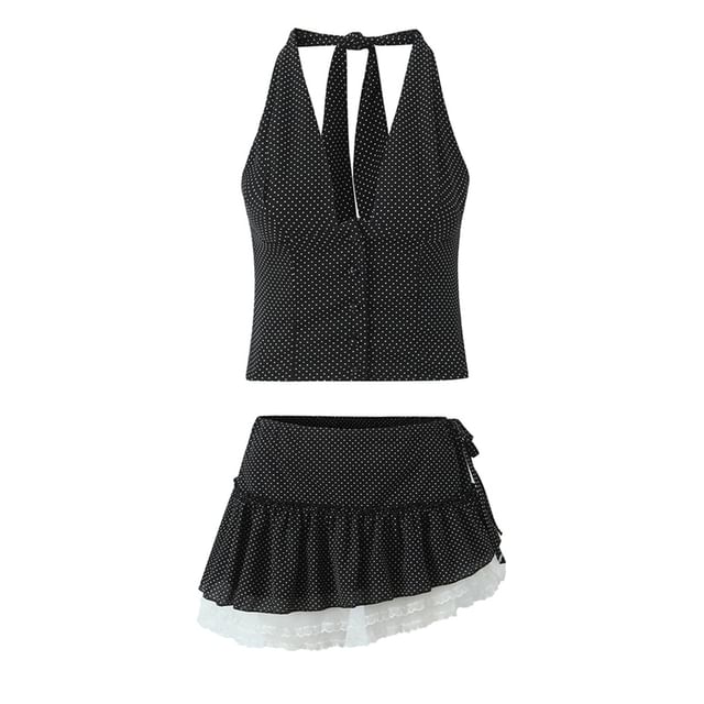Halter Backless Crop Top & Asymmetrical Lace Mini Skirt