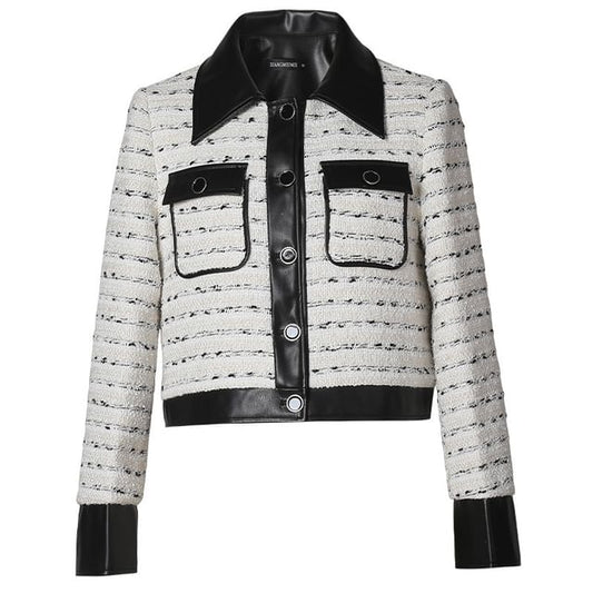 Collared Tweed Panel Faux Leather Button Jacket