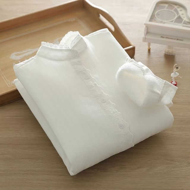 Band Collar Lace-Trim Long-Sleeve Shirt