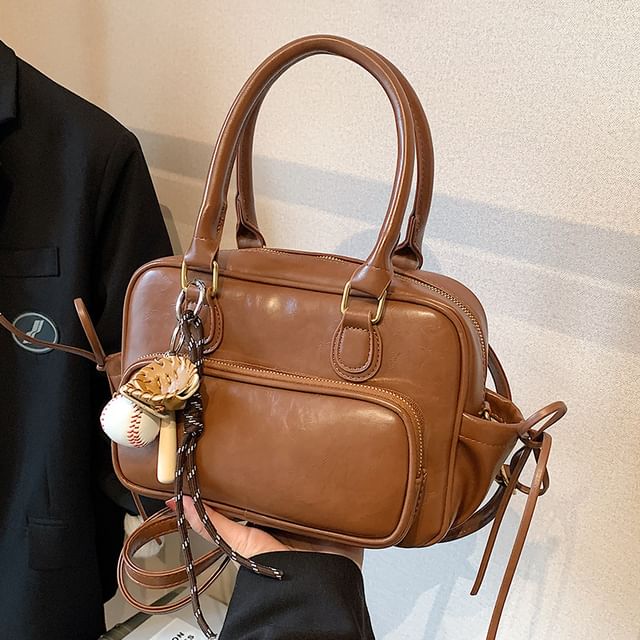 / Leather Bag Set Backpack Charm Plain Bow Accent Faux