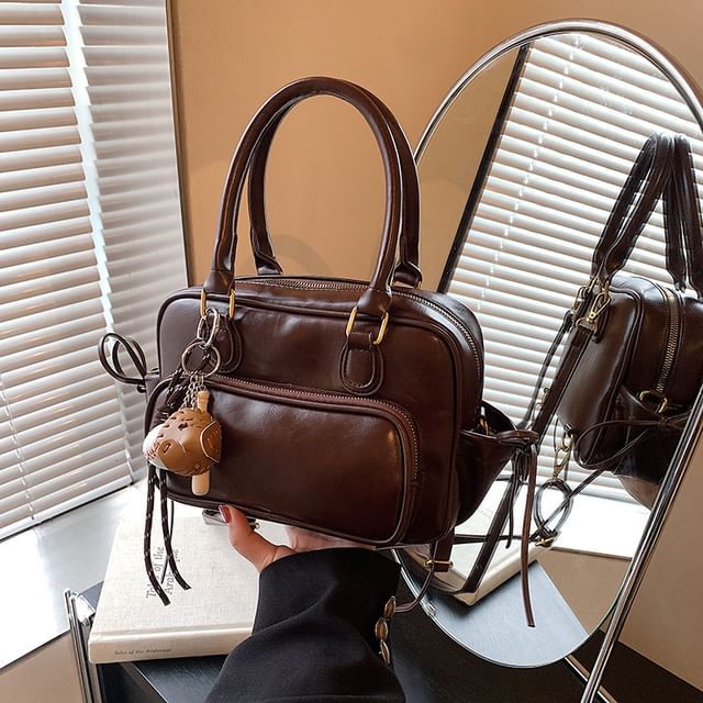 / Leather Bag Set Backpack Charm Plain Bow Accent Faux