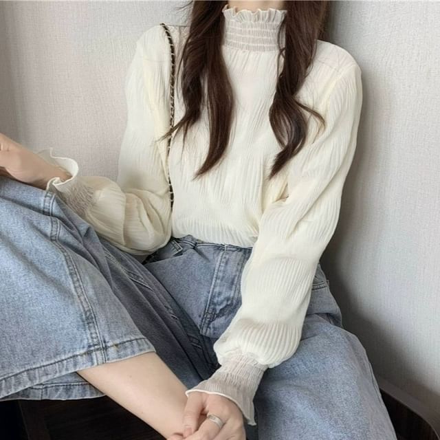 Frill-Trimmed Mock Neck Lace Blouse