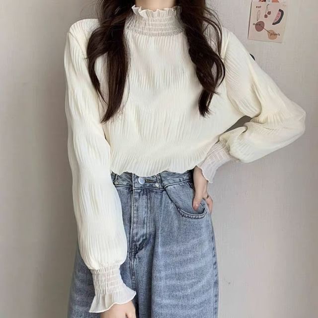 Frill-Trimmed Mock Neck Lace Blouse