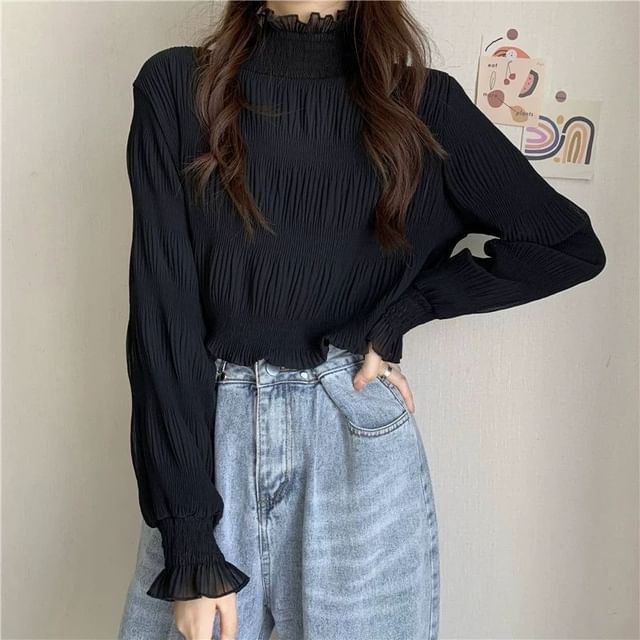 Frill-Trimmed Mock Neck Lace Blouse