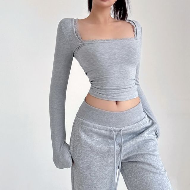 Square Neck Lace-Trim Cropped Tee