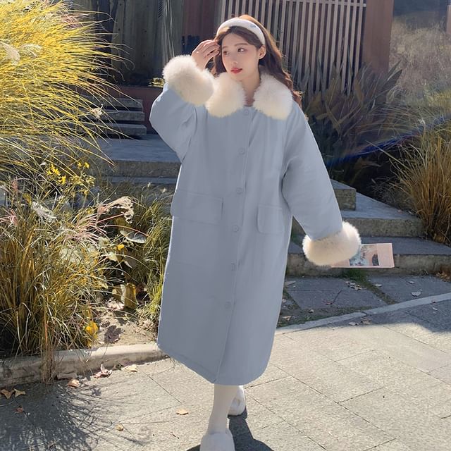 Fluffy Collar Button-Up Coat