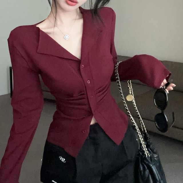 Long Plain V-Neck Sleeve Top Button Ruched